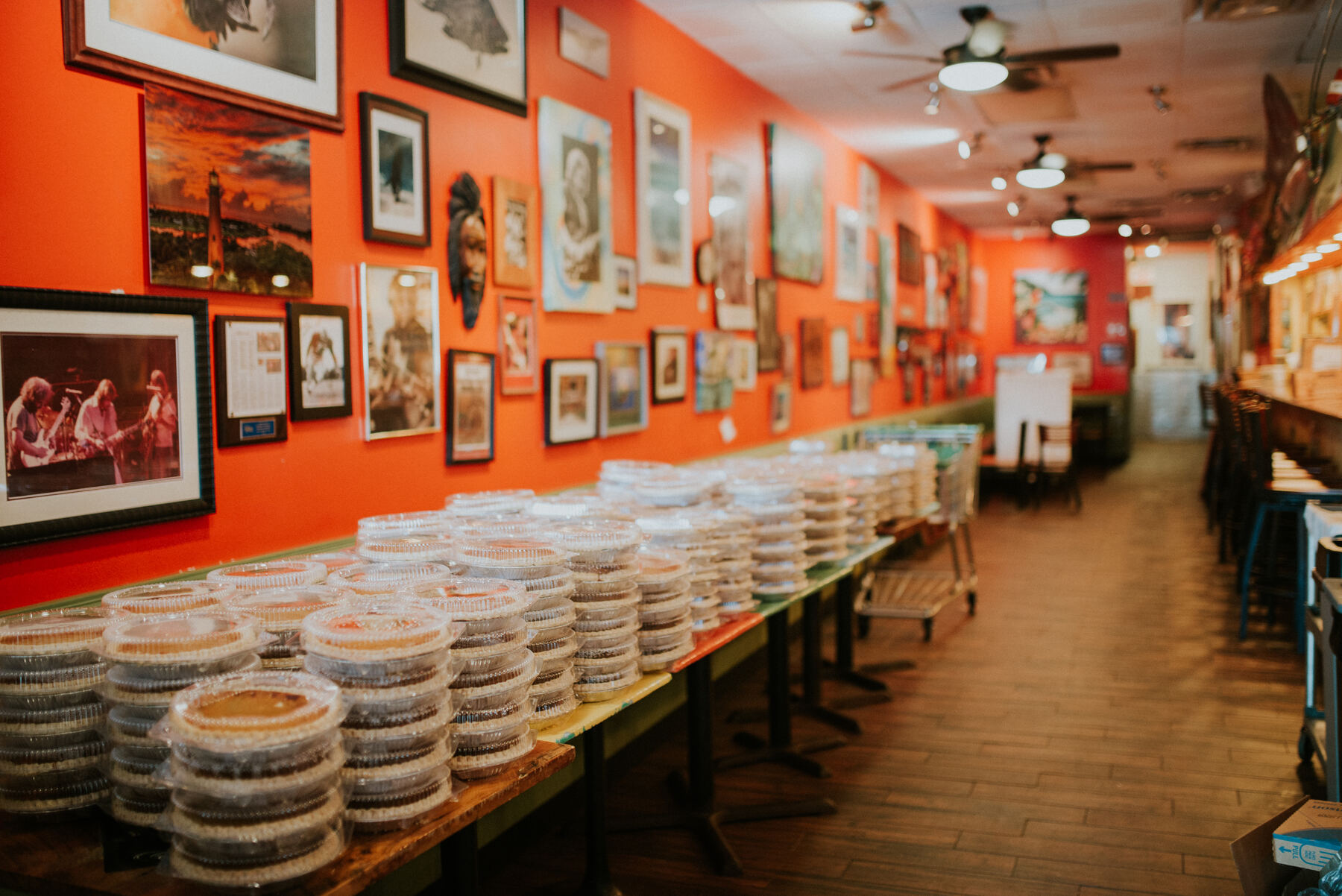 Stacks of pies ready for Thanksgiving delivery bags